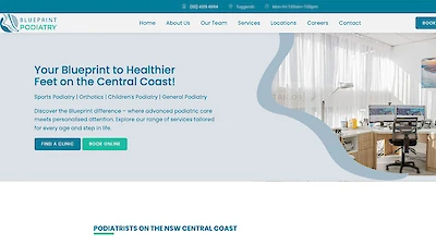 Blueprint Podiatry website homepage featuring practitioner-led healthcare content and online booking