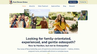 East Devon Osteopathy website homepage featuring practitioner information and patient resources