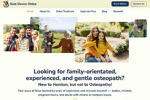 East Devon Osteopathy website homepage featuring practitioner information and patient resources