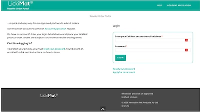 LickiMat reseller portal login screen to wholesale ordering and account management tools